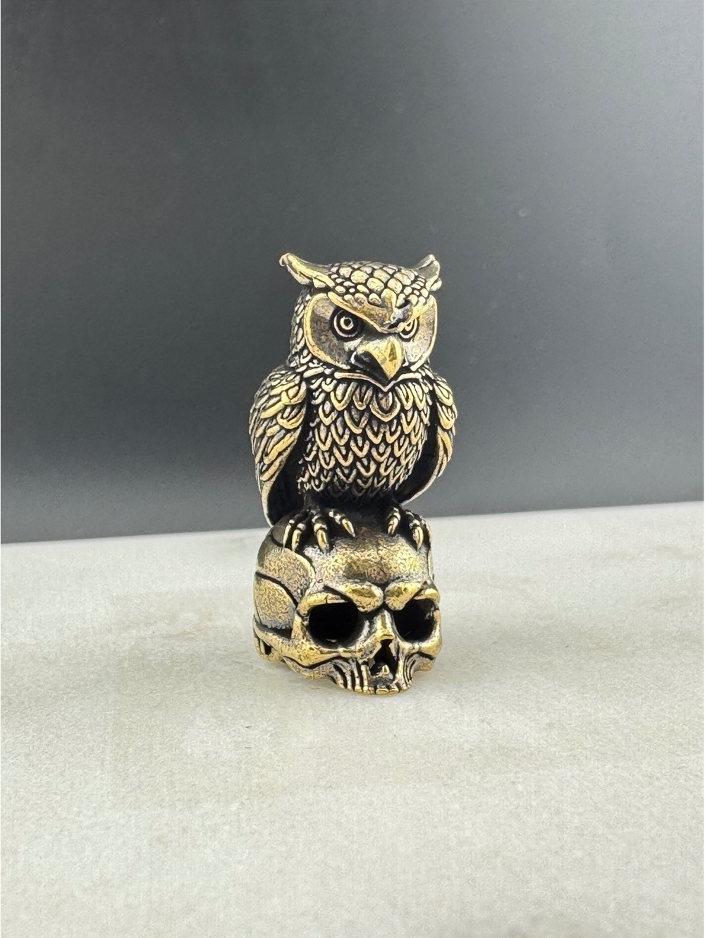 Brass Owl Figurine Sitting on Skull Sculpture